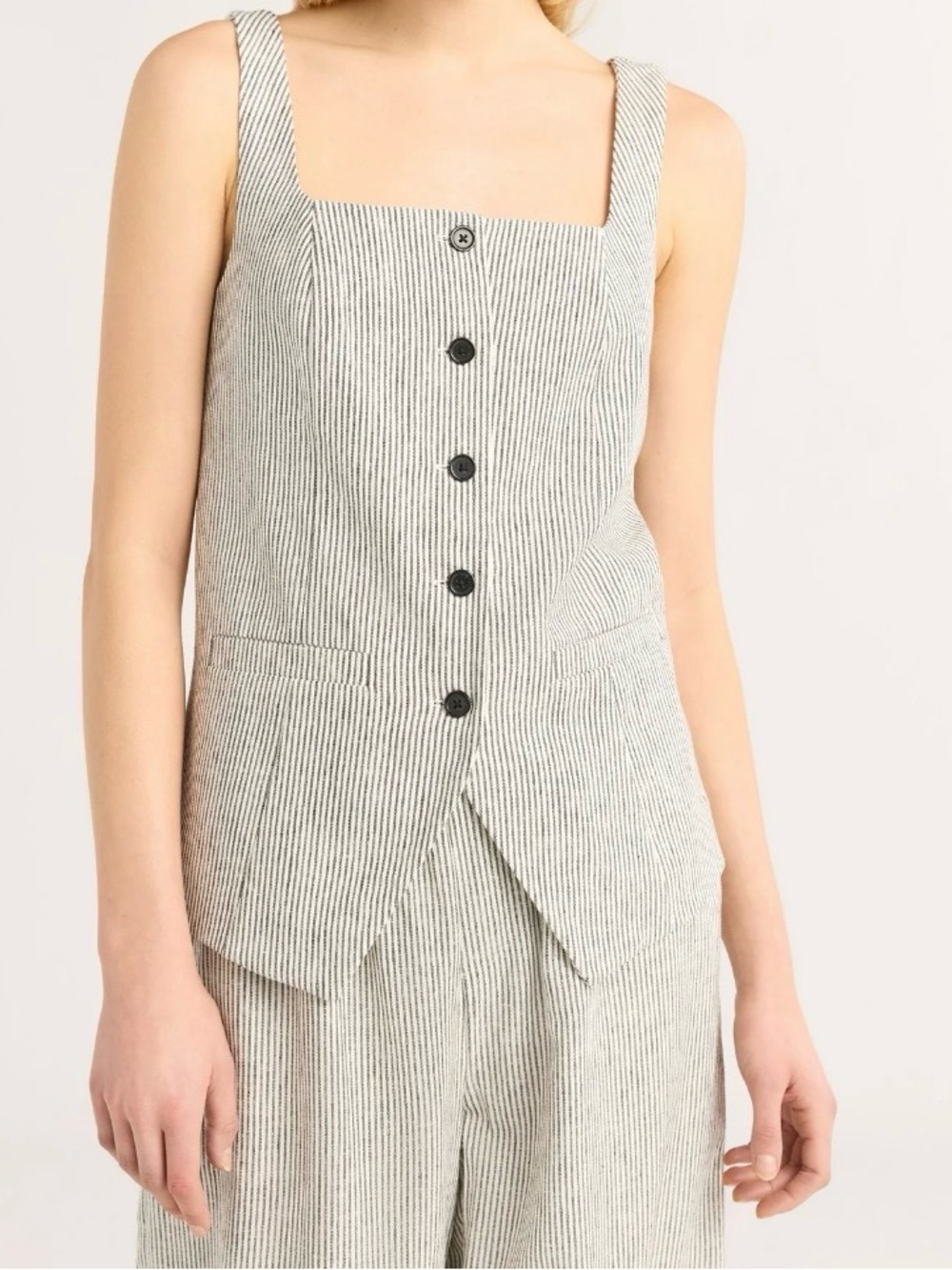 Scoop Women’s Linen Blend Square-Neck Longline Vest Size S Ivory/Black Stripe